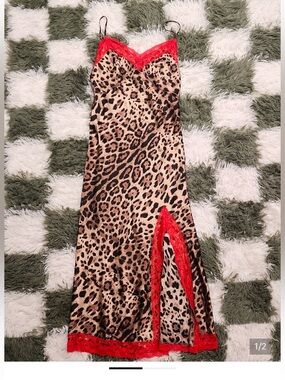 ISO (not for sale!): Dressed in LaLa Leopard Print Slip Dress with Red Lace Trim